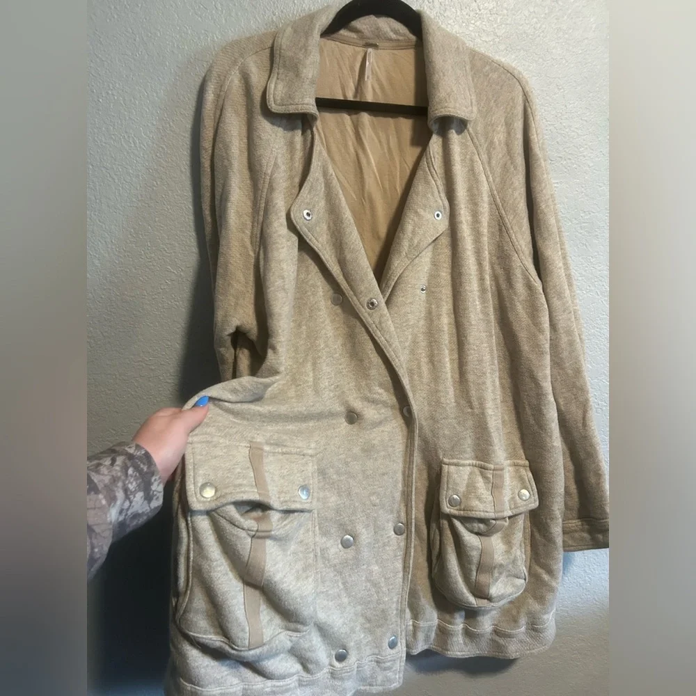 Free People Beige Utility Knit Double Snap Oversized Jacket Womens
